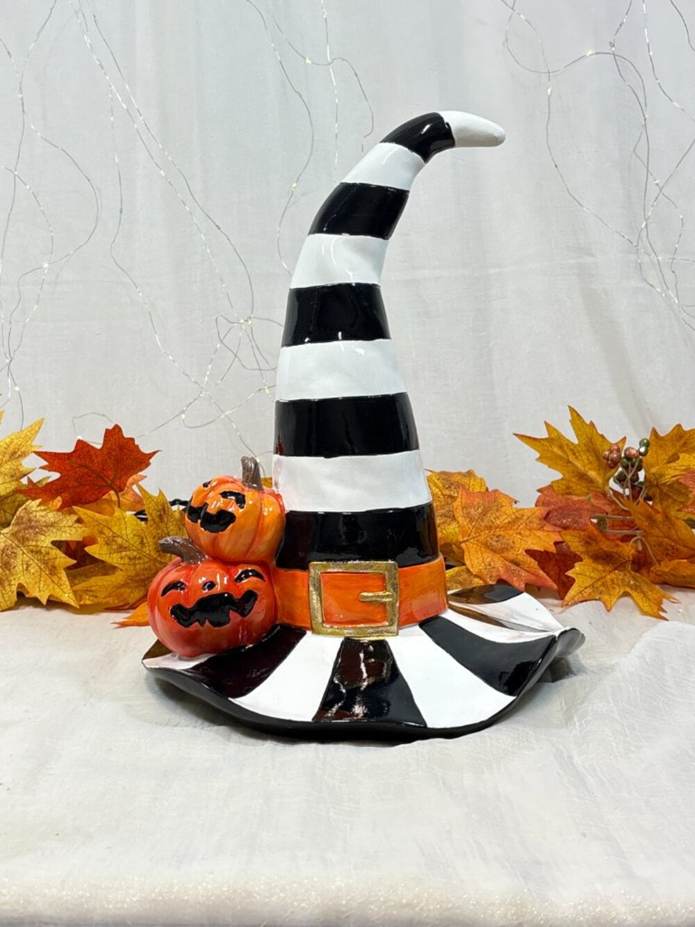 Black & White Striped Witch Hat Halloween Décor McKenzie Inspired Tabletop New